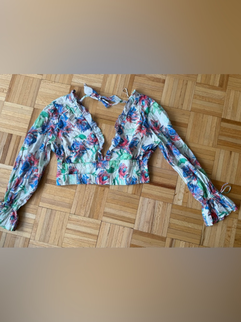 Anthropologie White Crop Top with Blue & Green Floral Print NWT